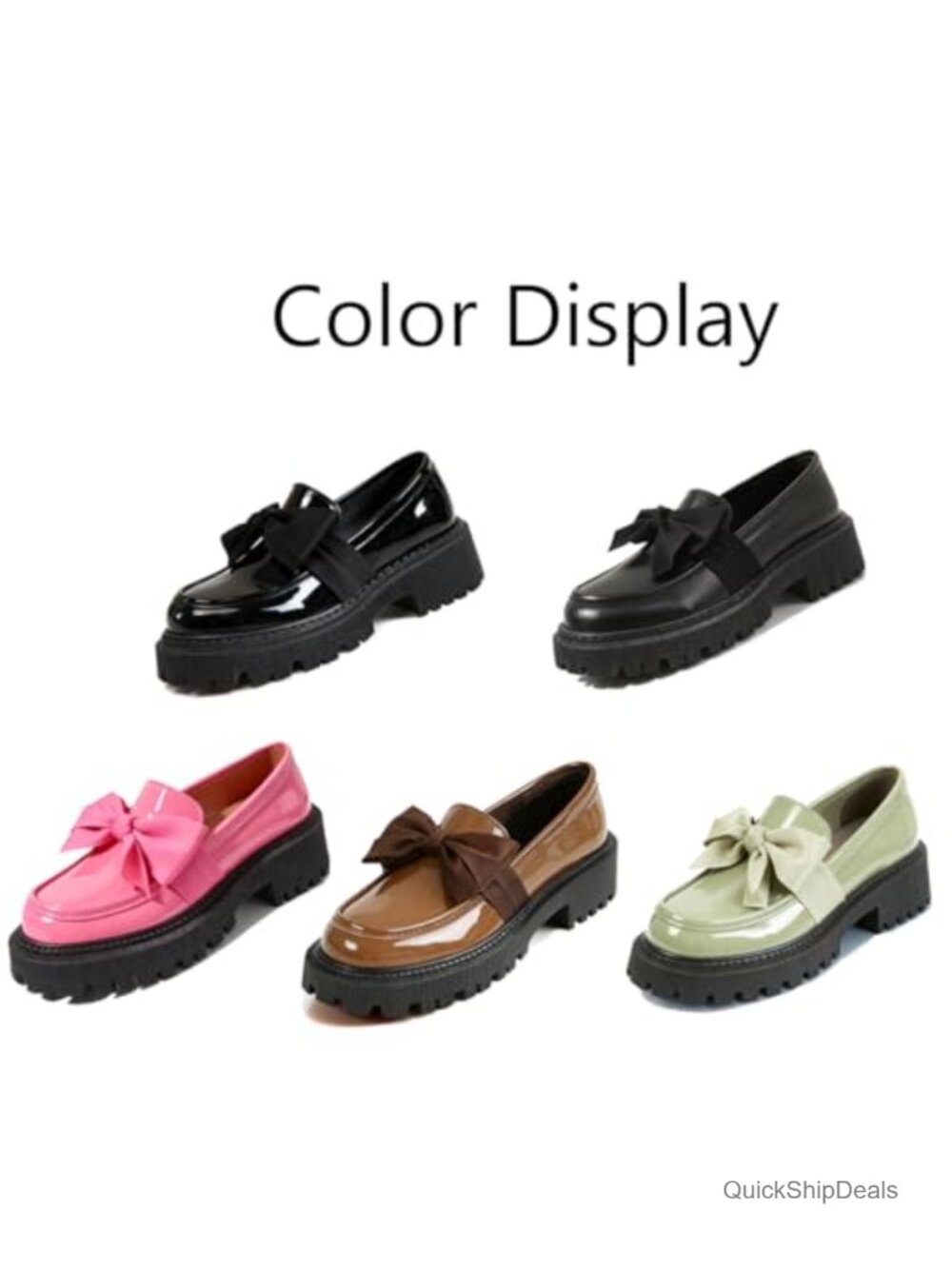 Patent Leather Bow Loafers for Women Chunky Heel Lug Sole Slip-On Dress Shoes - Picture 6 of 6
